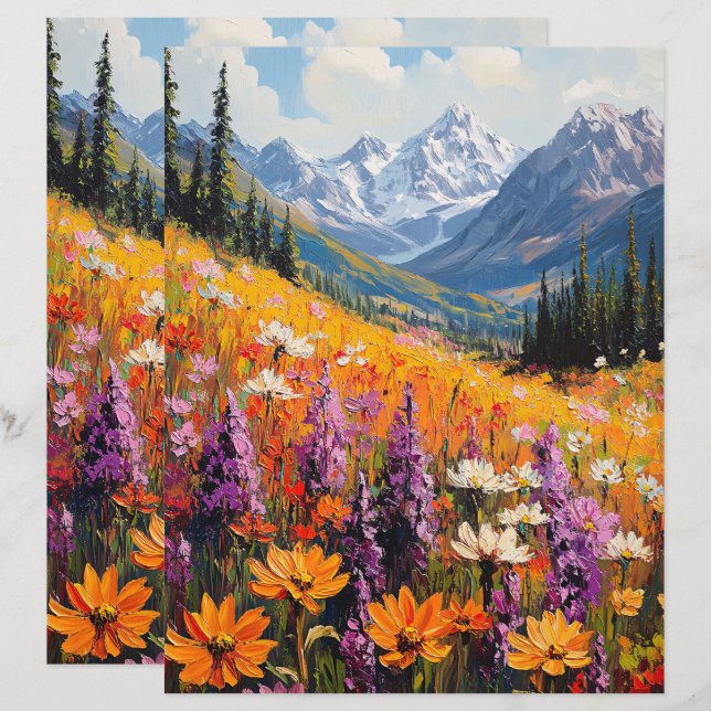 Scenic Wildflowers and Mountains Scrapbook Paper (Front/Back)
