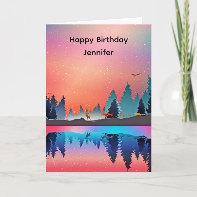 Scenic Winter Lake with Deer Birthday Card (Front)