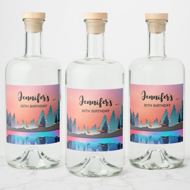 Scenic Winter Lake with Deer Birthday Liquor Bottle Label (Bottles)