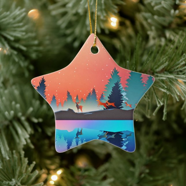 Scenic Winter Lake with Deer Christmas Ceramic Tree Decoration (Tree)
