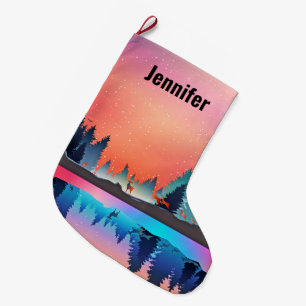 Scenic Winter Lake with Deer Christmas Large Christmas Stocking