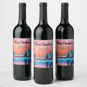 Scenic Winter Lake with Deer Christmas Wine Label