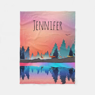 Scenic Winter Lake with Deer Fleece Blanket