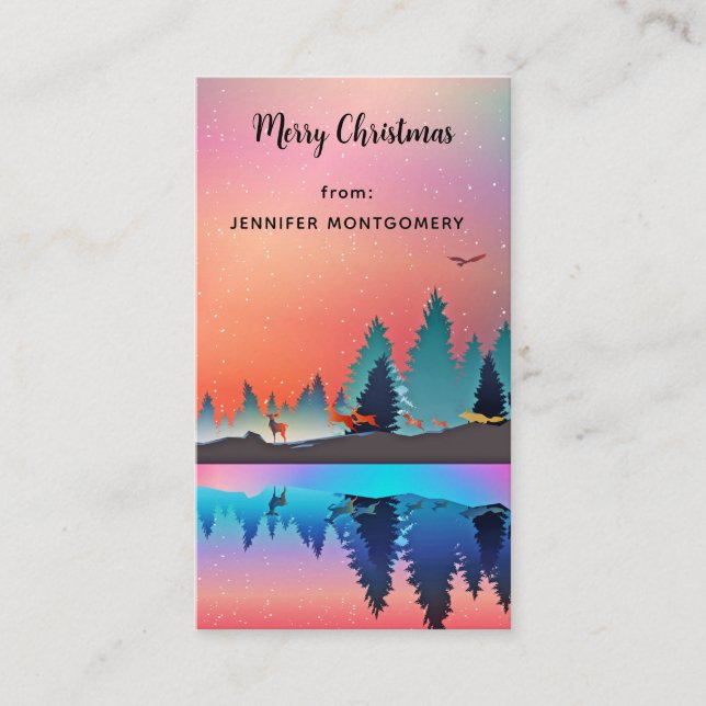 Scenic Winter Lake with Deer Merry Christmas Business Card (Front)
