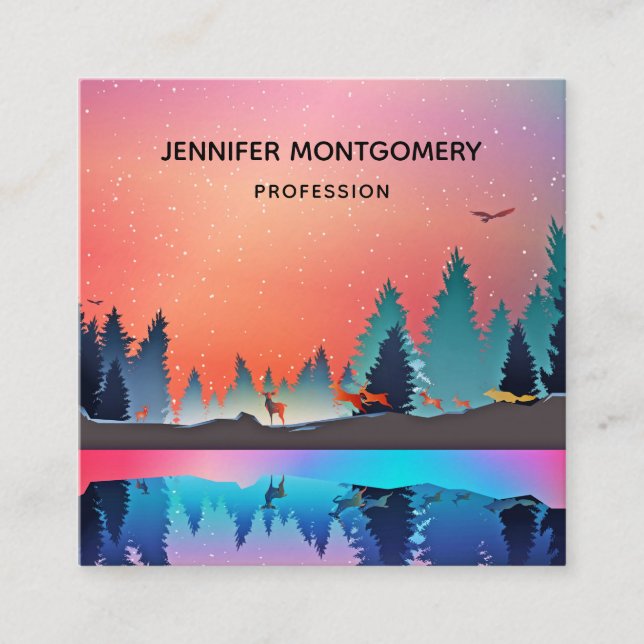 Scenic Winter Lake with Deer Square Business Card (Front)