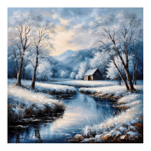 Scenic Winter Landscape Featuring Cabin and Stream