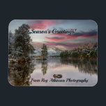 Scenic Winter Scottish Loch Eilein At Christmas Magnet<br><div class="desc">A magical Scenic Winter Christmas Flexible Magnet of the beautiful Scottish Loch Eilein in the Rothiemurchus Forest in the Cairngorms National Park, during a colourful winter sunset. An area of outstanding natural beauty. The card features a loch surrounded by a snow covered pine forest The photography was provided by Reg...</div>