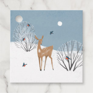 Scenic Winter Wonderland Scene with Doe and Birds Favour Tags