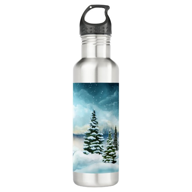 Scenic Winter Wonderland Watercolor Painting 710 Ml Water Bottle (Front)