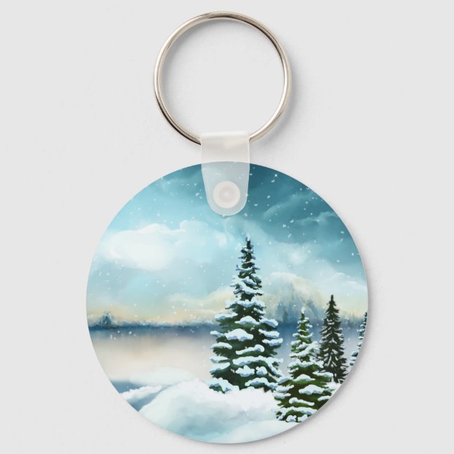 Scenic Winter Wonderland Watercolor Painting Key Ring (Front)