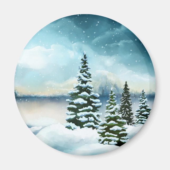 Scenic Winter Wonderland Watercolor Painting Magnet (Front)