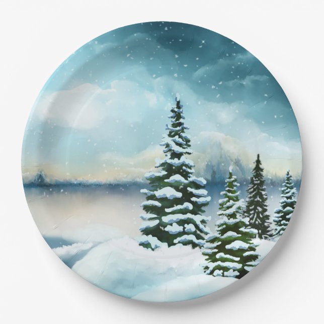 Scenic Winter Wonderland Watercolor Painting Paper Plate (Front)