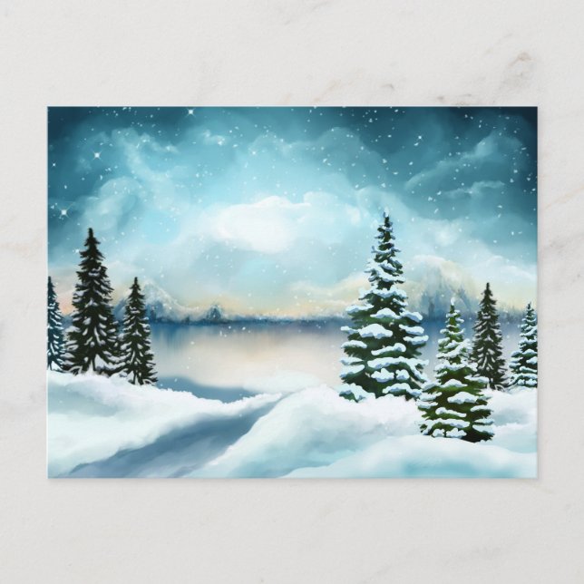 Scenic Winter Wonderland Watercolor Painting Postcard (Front)