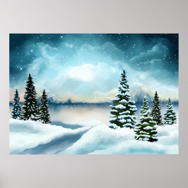 Scenic Winter Wonderland Watercolor Painting Poster (Front)