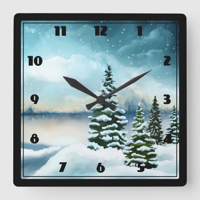 Scenic Winter Wonderland Watercolor Painting Square Wall Clock (Front)