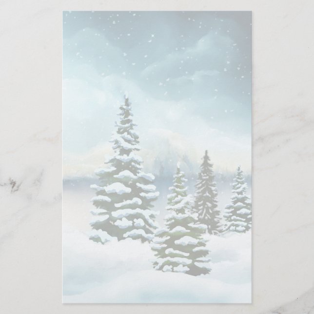 Scenic Winter Wonderland Watercolor Painting Stationery (Front)