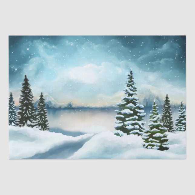 Scenic Winter Wonderland Watercolor Painting Tissue Paper (Front)