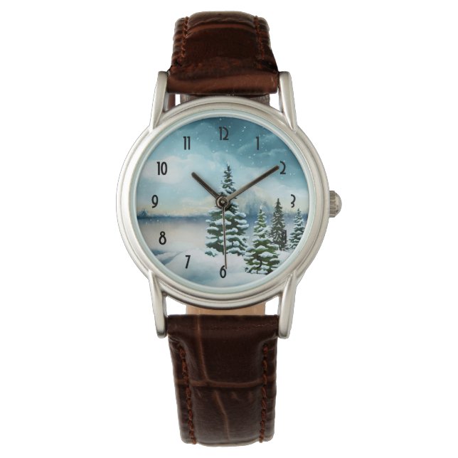 Scenic Winter Wonderland Watercolor Painting Watch (Front)