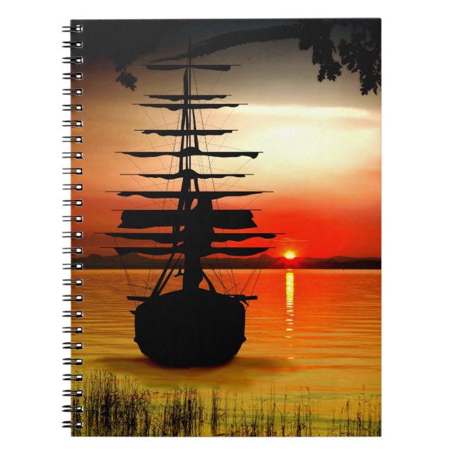 Schiff mit Sonnenaufgang Notebook (Front)