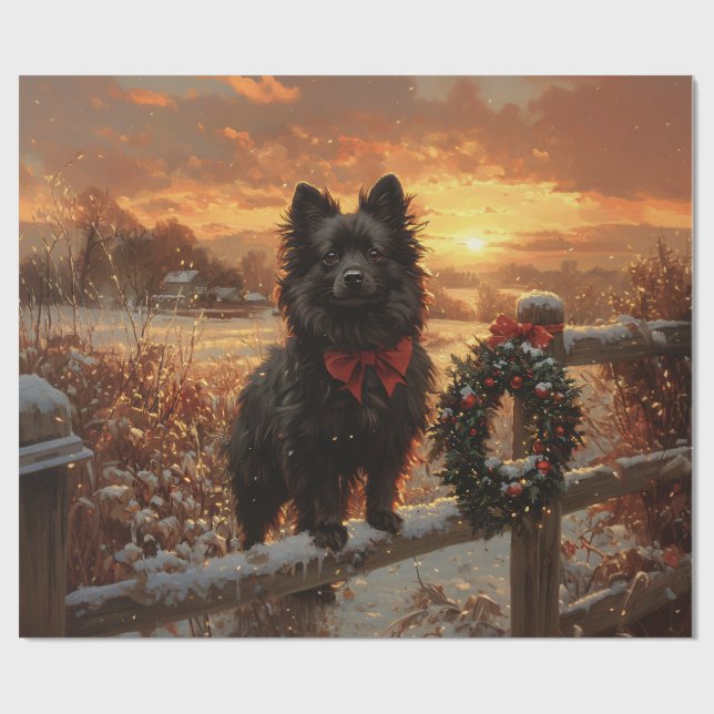 Schipperke Dog Rustic Winter Sunset Decoupage Wrapping Paper (Flat)