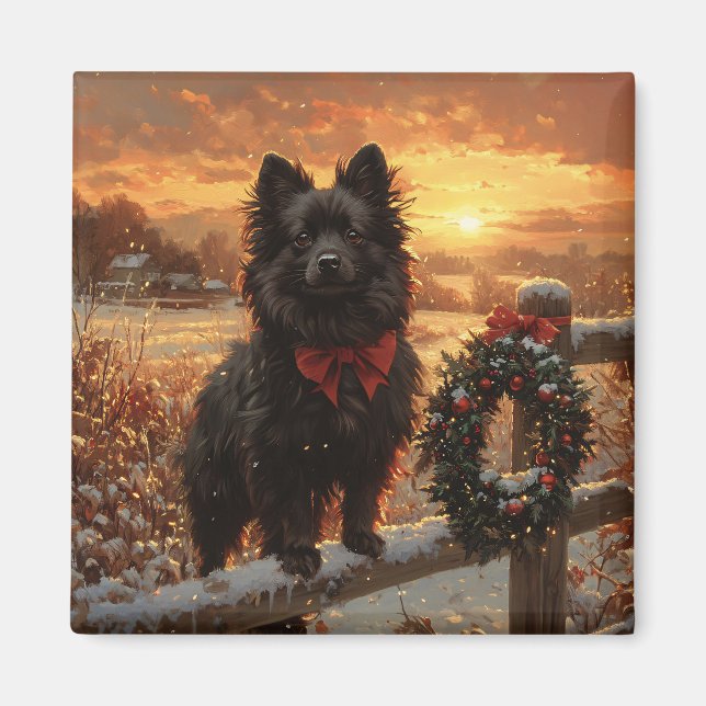Schipperke Dog Rustic Winter Sunset Magnet (Front)