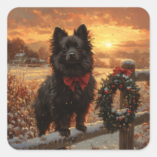 Schipperke Dog Rustic Winter Sunset Square Sticker