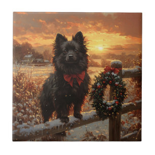 Schipperke Dog Rustic Winter Sunset Tile