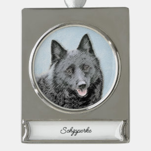 Schipperke Painting - Cute Original Dog Art Silver Plated Banner Ornament