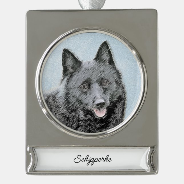 Schipperke Painting - Cute Original Dog Art Silver Silver Plated Banner Ornament (Front)