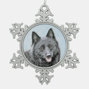 Schipperke Painting - Cute Original Dog Art Snowflake Pewter Christmas Ornament