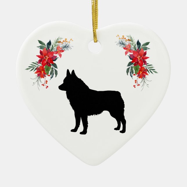 Schipperke Silhouette with Name Poinsettia Ceramic Tree Decoration (Front)