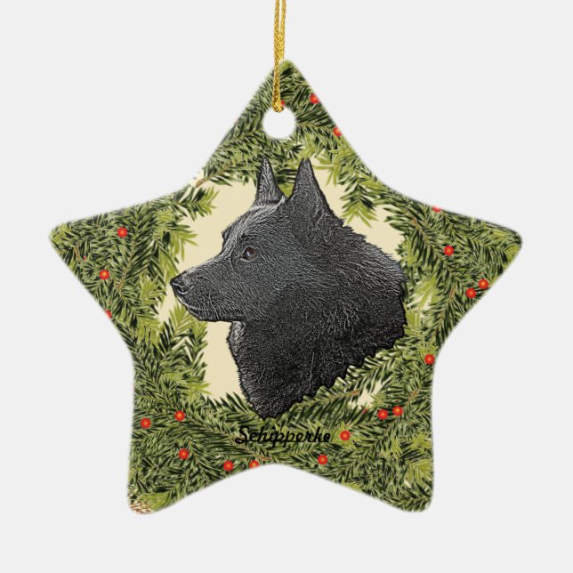 Schipperke Wreath Ceramic Tree Decoration (Front)