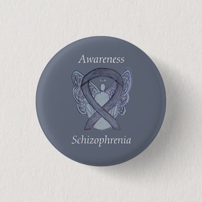 Schizophrenia Awareness Ribbon Angel Custom Pins (Front)