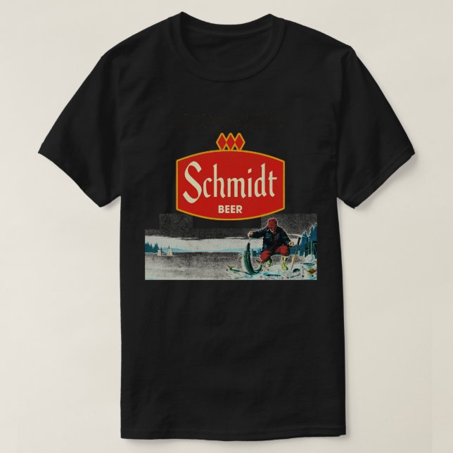 Schmidt Beer Retro Defunct Ice Fishing Nature Scen T-Shirt (Design Front)