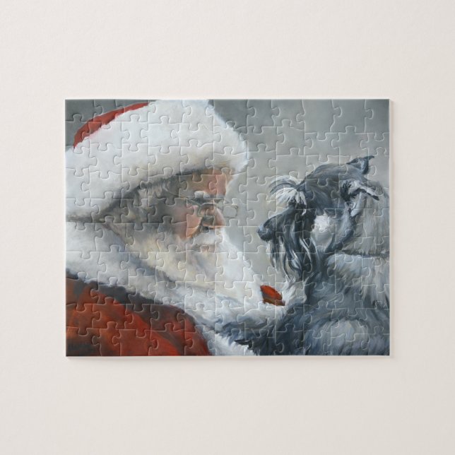 Schnauzer and Santa Claus  Pet Dog Art Puzzle (Horizontal)