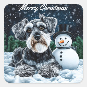 Schnauzer and Snowman Christmas Square Sticker