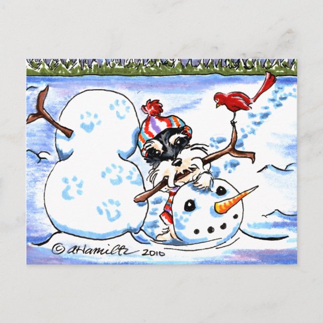 Schnauzer Building Snowman Off-Leash Art™ Postcard (Front)