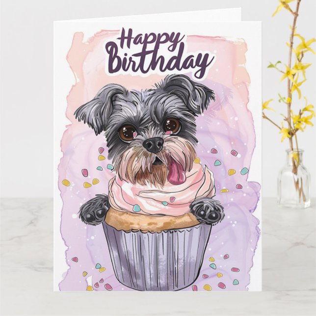 Schnauzer Cartoon Anime Cupcake Paws Card (Yellow Flower)