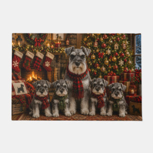 Schnauzer Christmas Painting with 4 Puppies Doormat
