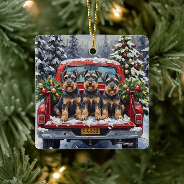 Schnauzer Christmas Red Truck Holiday Ceramic Ornament (Tree)