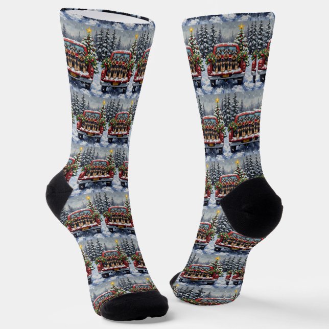 Schnauzer Christmas Red Truck Holiday Socks (Angled)