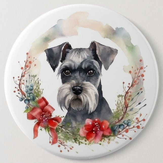 Schnauzer Christmas Wreath Festive Pup 6 Cm Round Badge (Front)