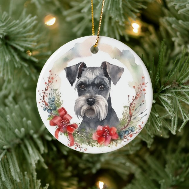 Schnauzer Christmas Wreath Festive Pup Ceramic Tree Decoration (Tree)