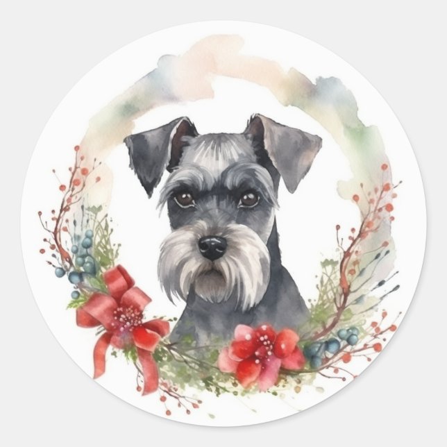 Schnauzer Christmas Wreath Festive Pup Classic Round Sticker (Front)