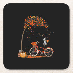Schnauzer Dog And Pumpkins Bicycle Autumn Leaf Square Paper Coaster