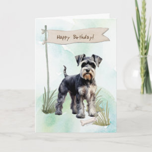 Schnauzer Dog Breed Outdoors Under Birthday Sign Card