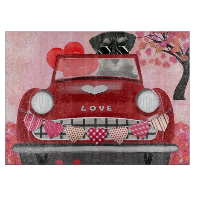 Schnauzer Dog Car with Hearts Valentine's  Cutting Board (Front)
