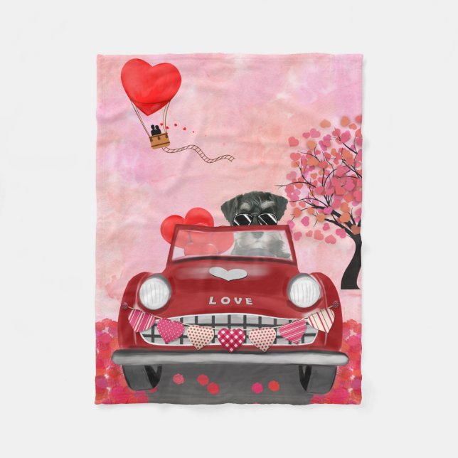 Schnauzer Dog Car with Hearts Valentine's  Fleece Blanket (Front)