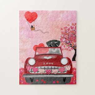 Schnauzer Dog Car with Hearts Valentine's  Jigsaw Puzzle