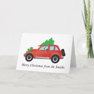 Schnauzer Dog Driving a Christmas Car with tree Holiday Card